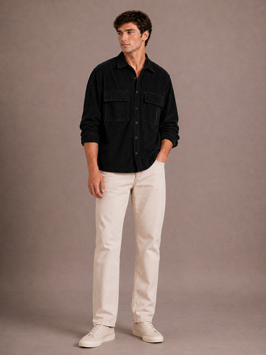 Black Utility Relaxed Fit Corduroy Shirt for Men