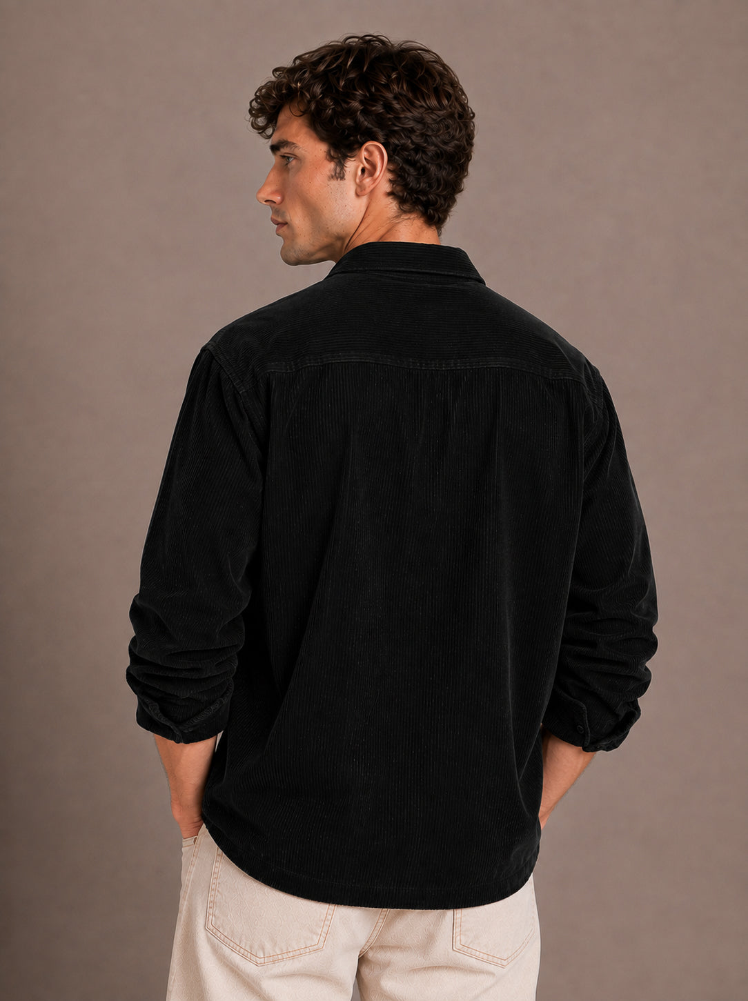 Black Utility Relaxed Fit Corduroy Shirt for Men