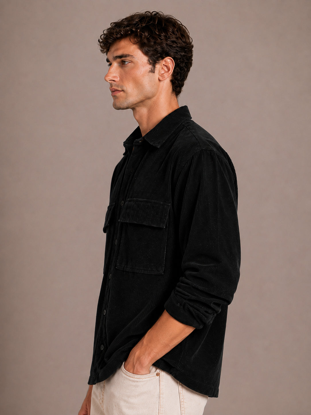 Black Utility Relaxed Fit Corduroy Shirt for Men