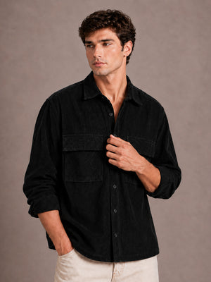 Black Utility Relaxed Fit Corduroy Shirt for Men