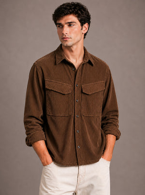 Brown Utility Relaxed Fit Corduroy Shirt for Men
