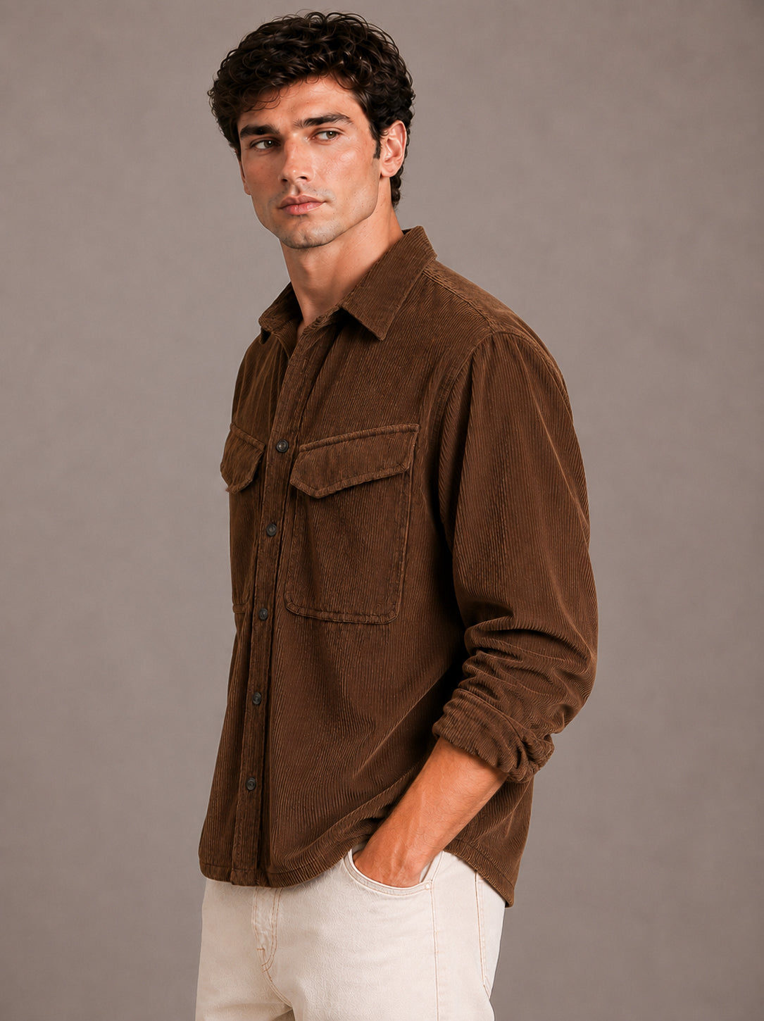 Brown Utility Relaxed Fit Corduroy Shirt for Men