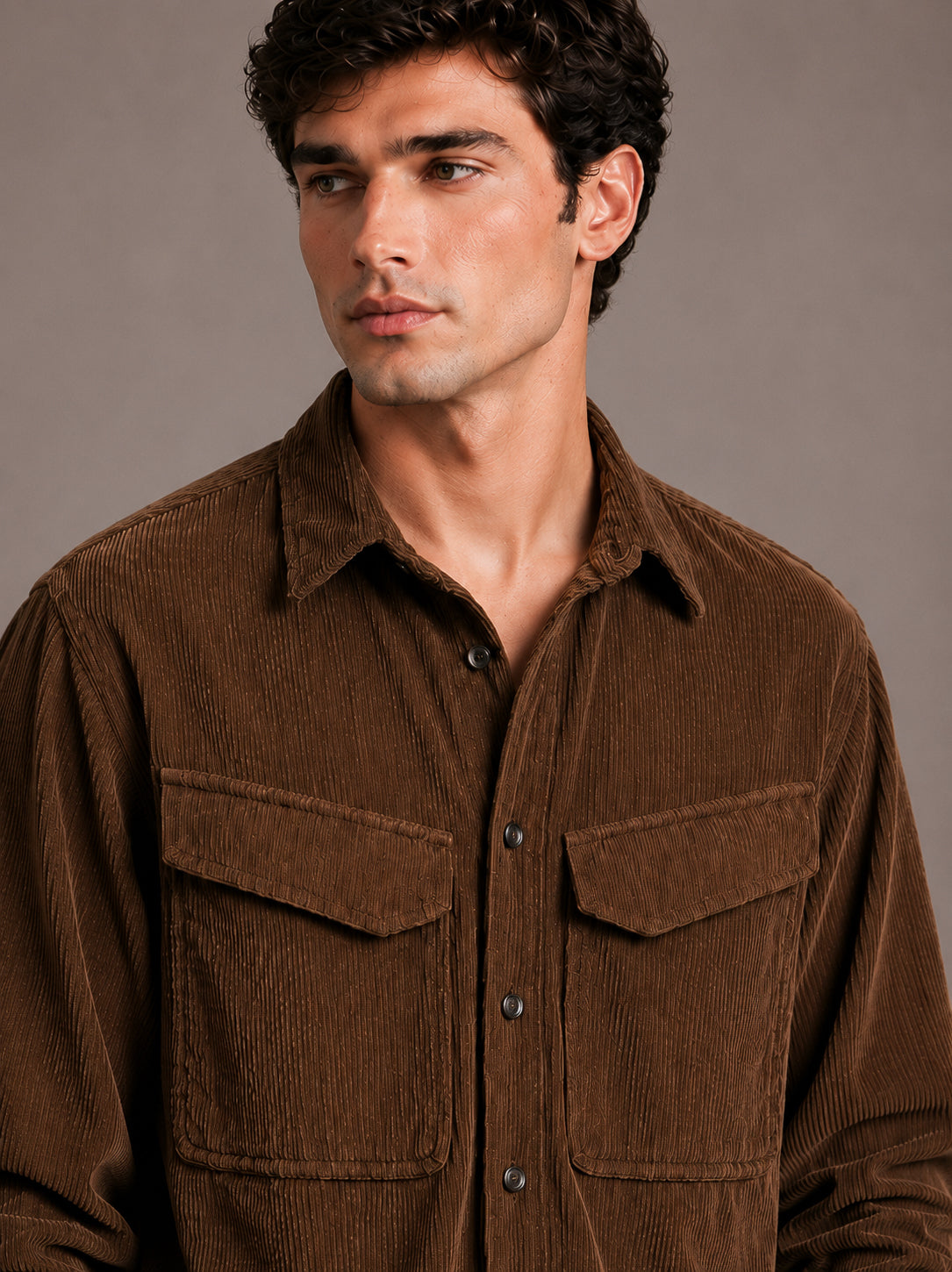 Brown Utility Relaxed Fit Corduroy Shirt for Men