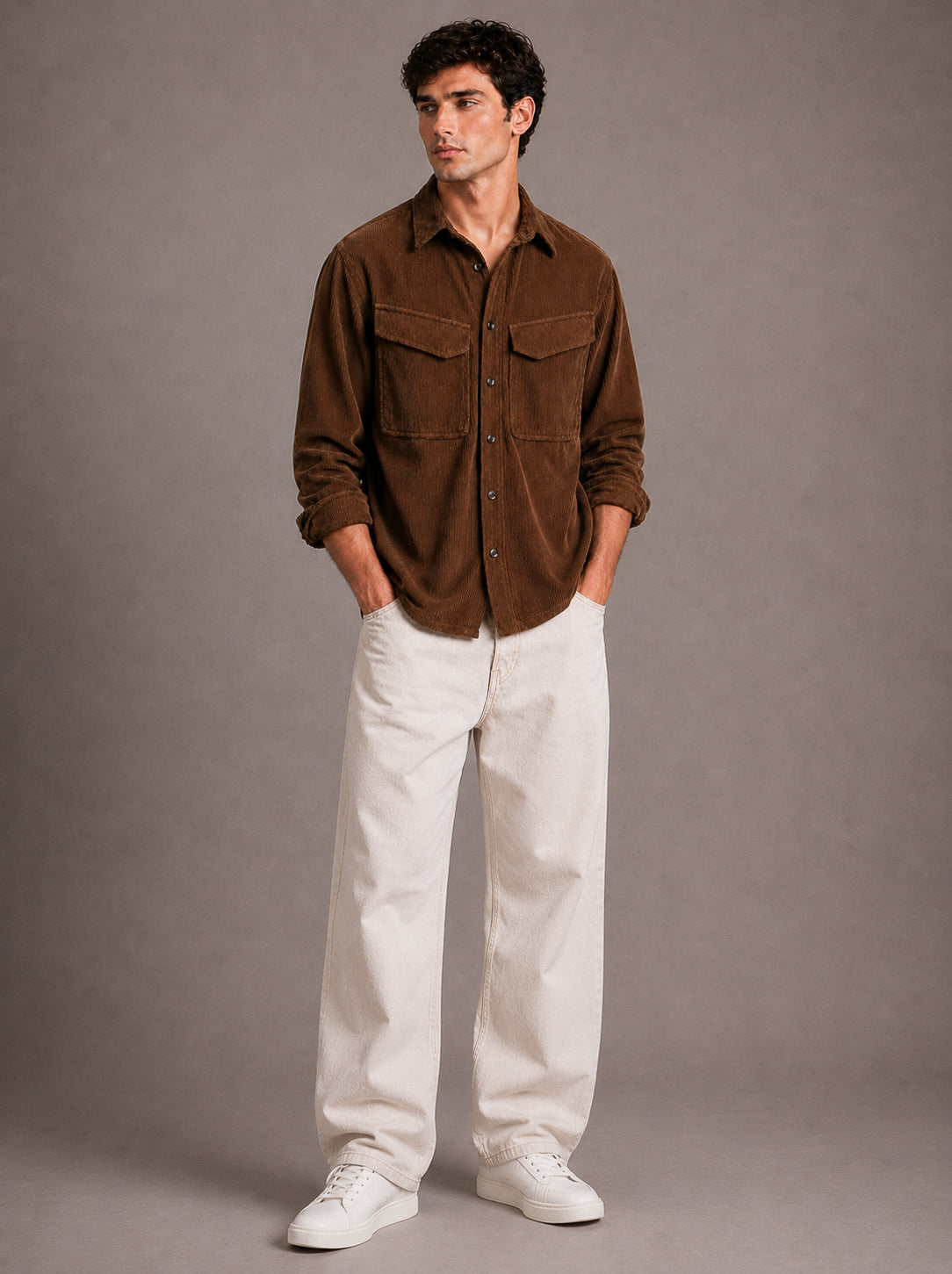 Brown Utility Relaxed Fit Corduroy Shirt for Men