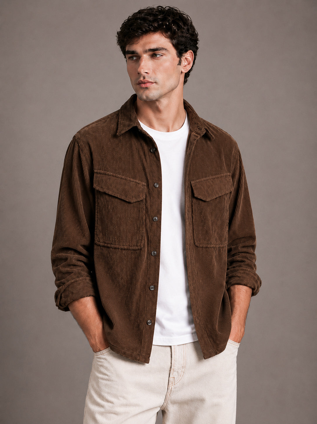 Brown Utility Relaxed Fit Corduroy Shirt for Men