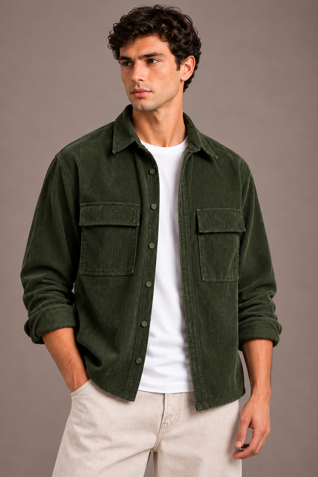 Green Utility Relaxed Fit Corduroy Shirt for Men