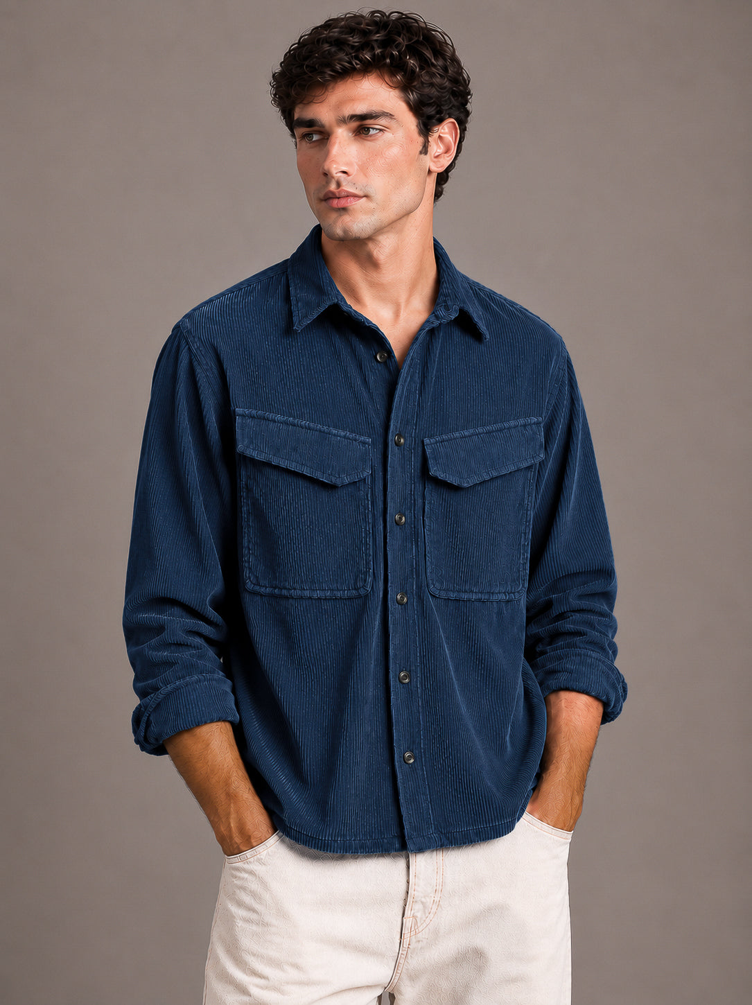 Navy Blue Utility Relaxed Fit Corduroy Shirt for Men