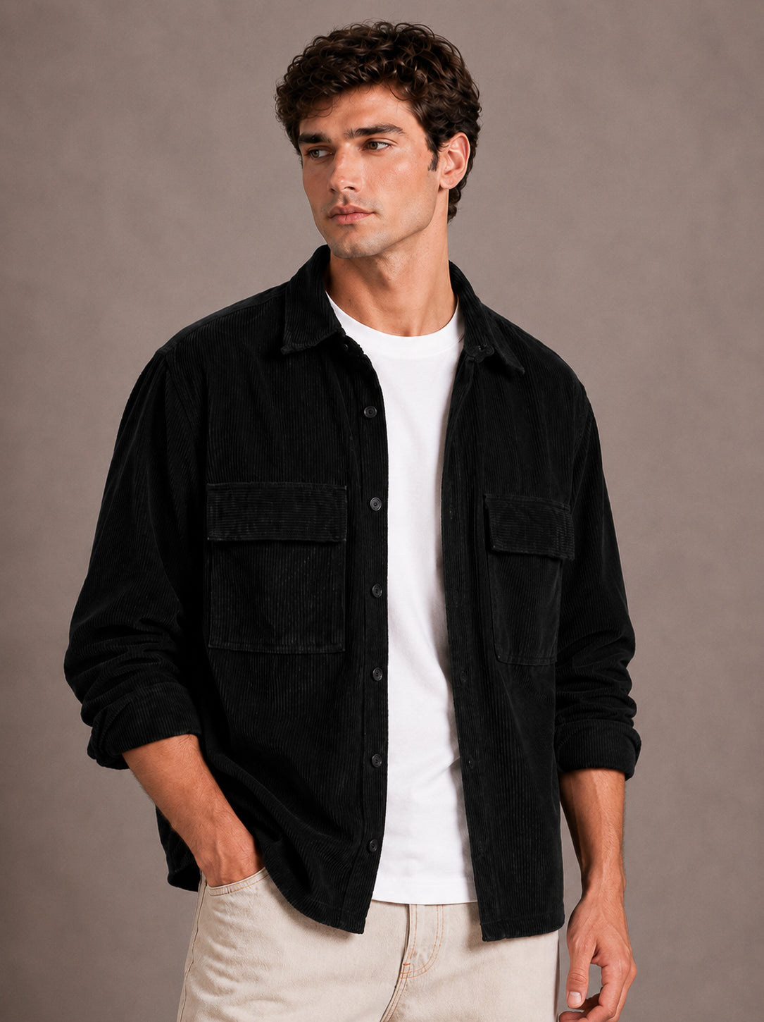 Black Utility Relaxed Fit Corduroy Shirt for Men