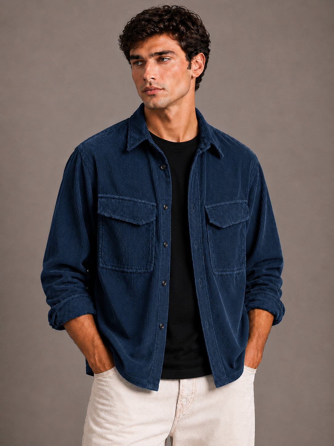 Navy Blue Utility Relaxed Fit Corduroy Shirt for Men