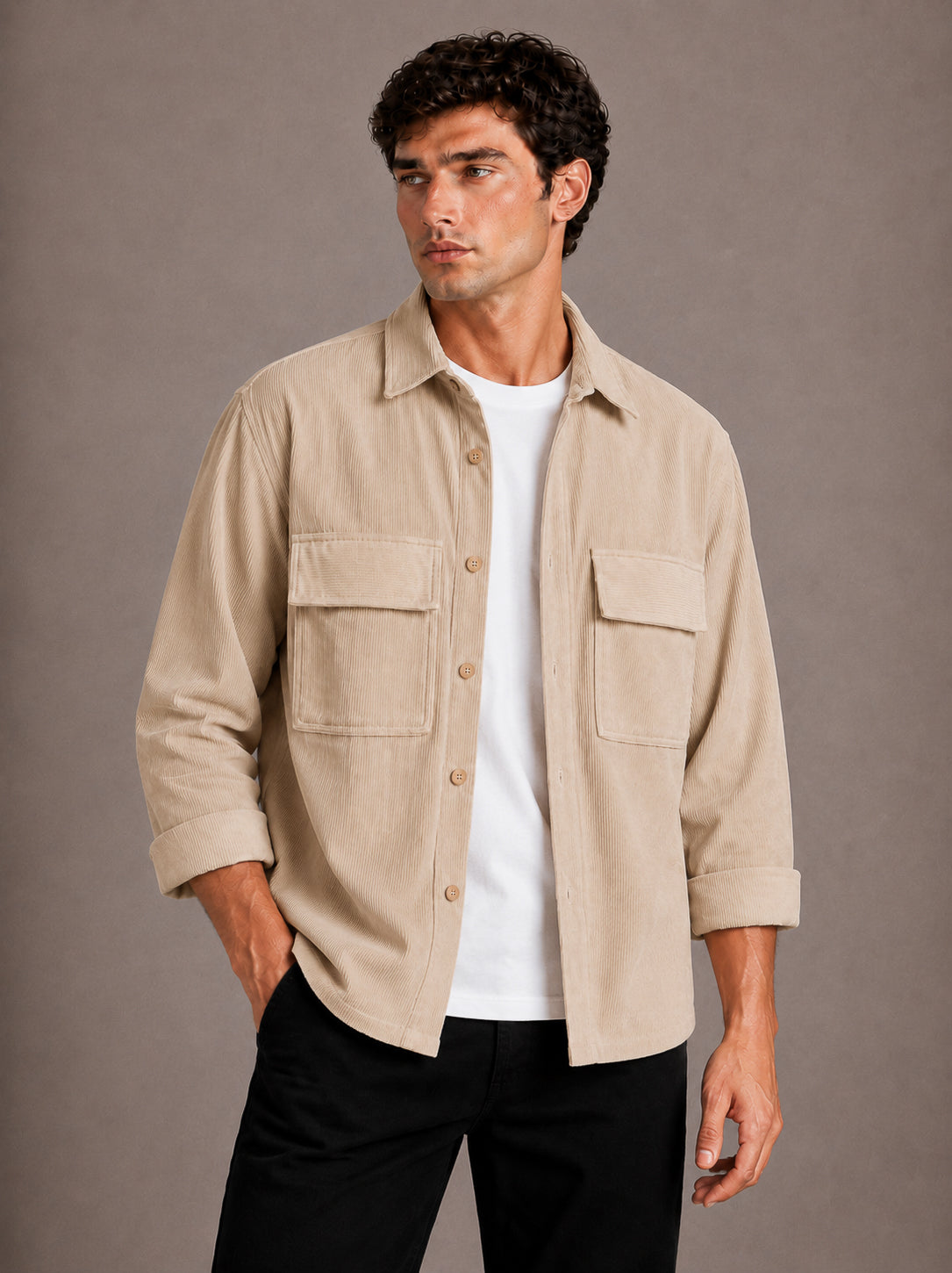 Beige Utility Relaxed Fit Corduroy Shirt for Men