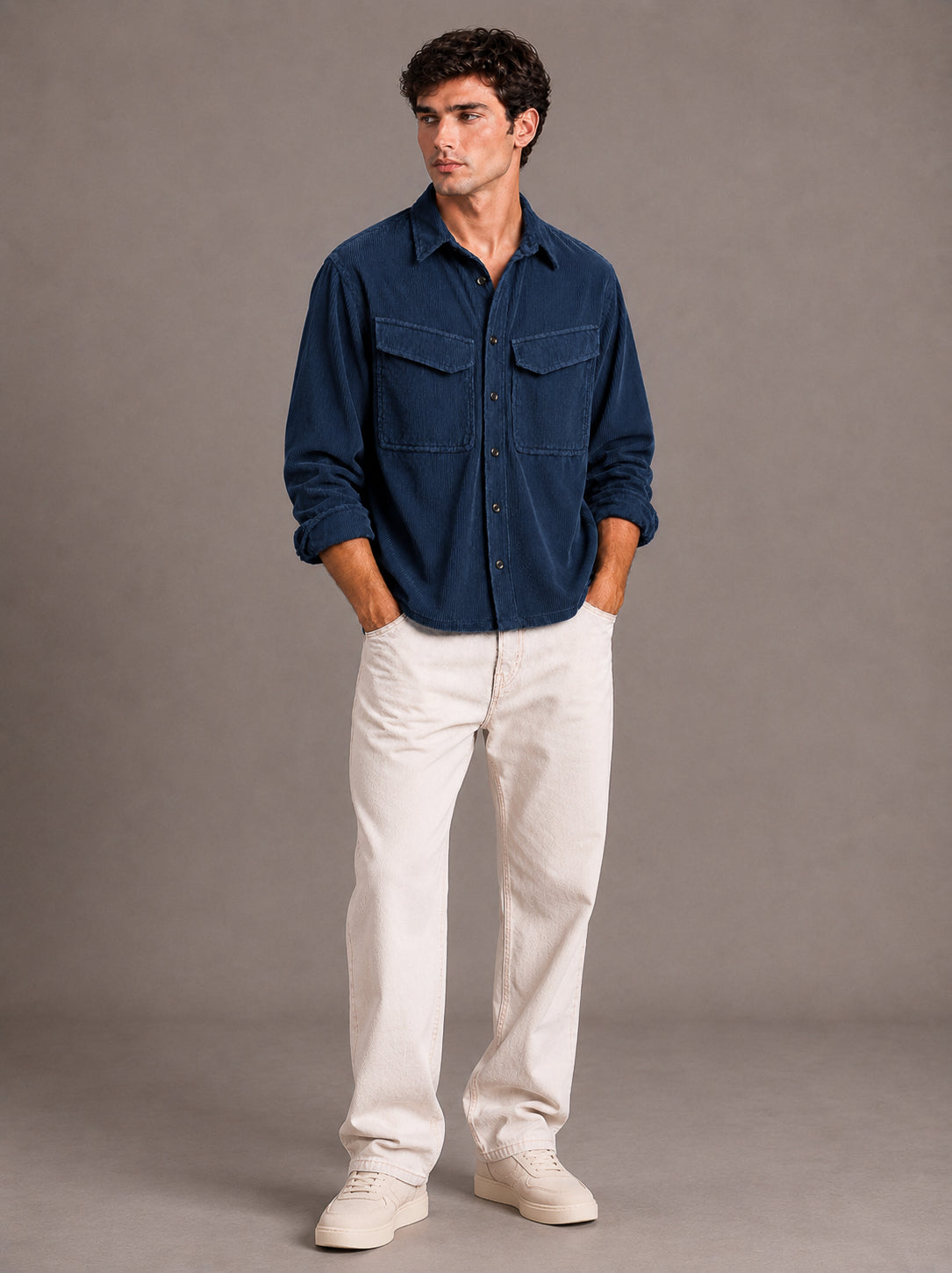Navy Blue Utility Relaxed Fit Corduroy Shirt for Men