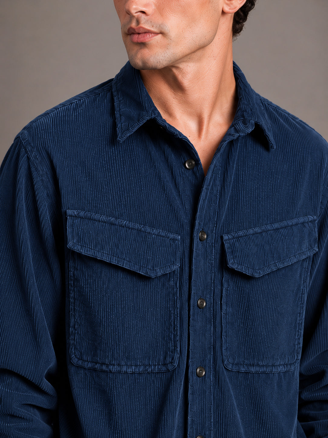 Navy Blue Utility Relaxed Fit Corduroy Shirt for Men