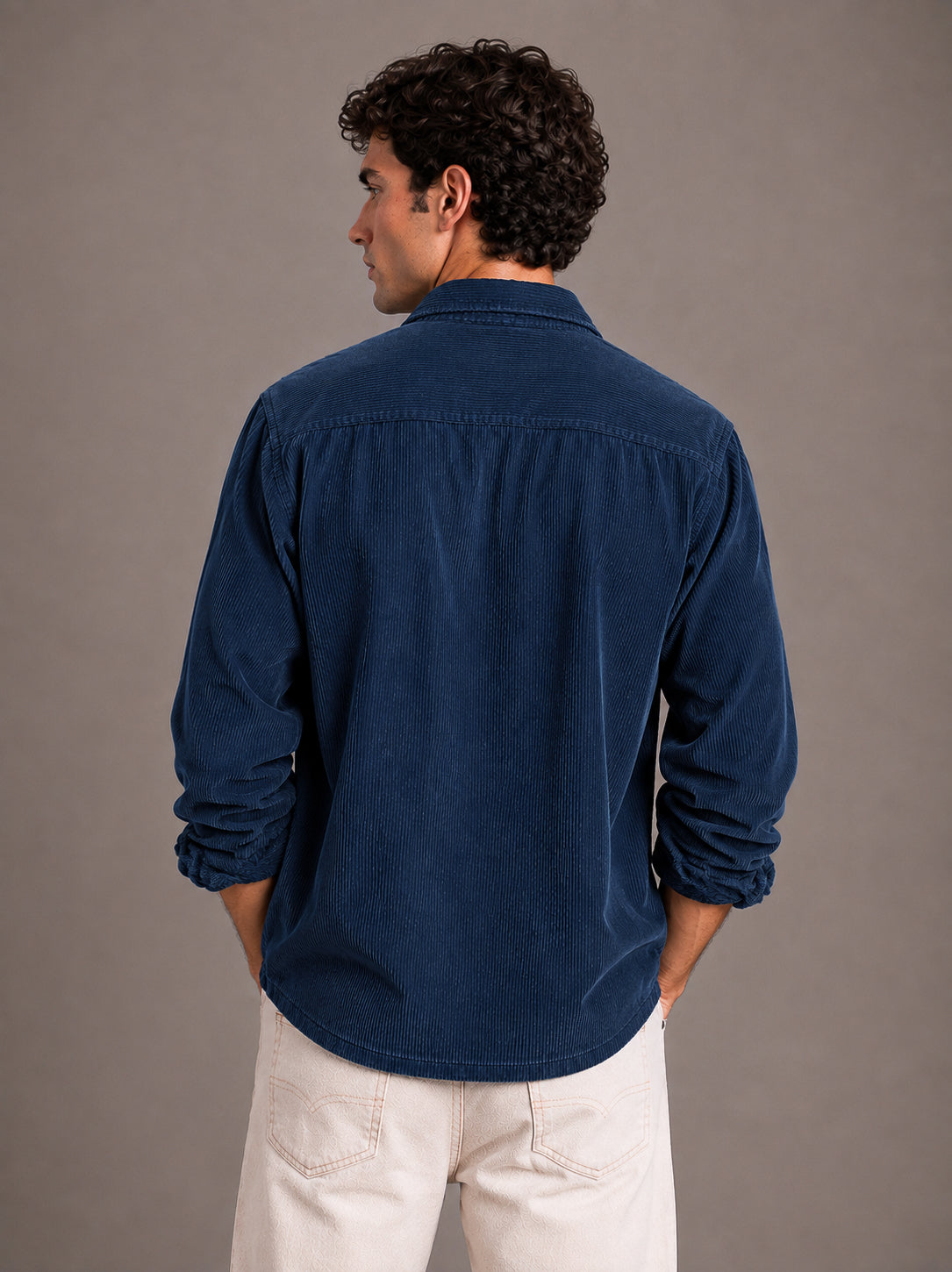 Navy Blue Utility Relaxed Fit Corduroy Shirt for Men