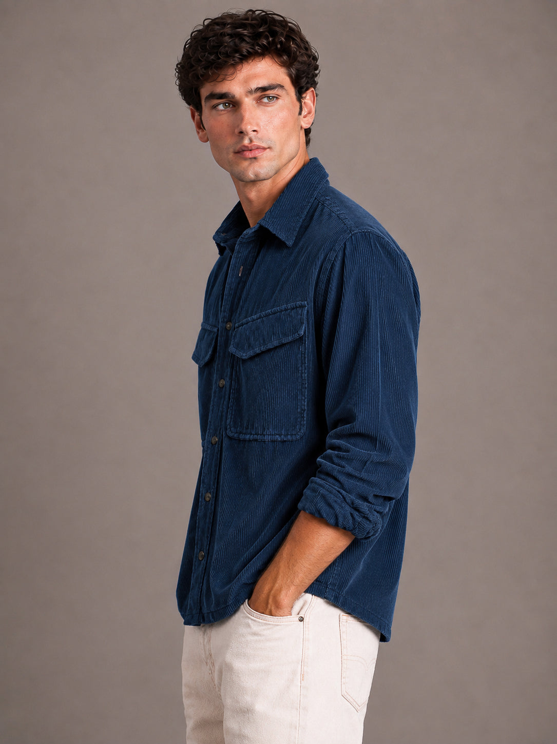 Navy Blue Utility Relaxed Fit Corduroy Shirt for Men