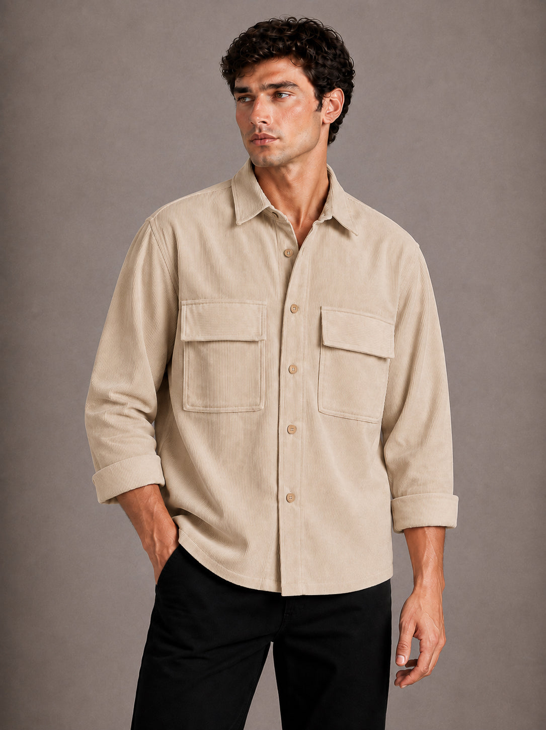 Beige Utility Relaxed Fit Corduroy Shirt for Men
