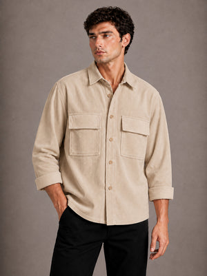 Beige Utility Relaxed Fit Corduroy Shirt for Men