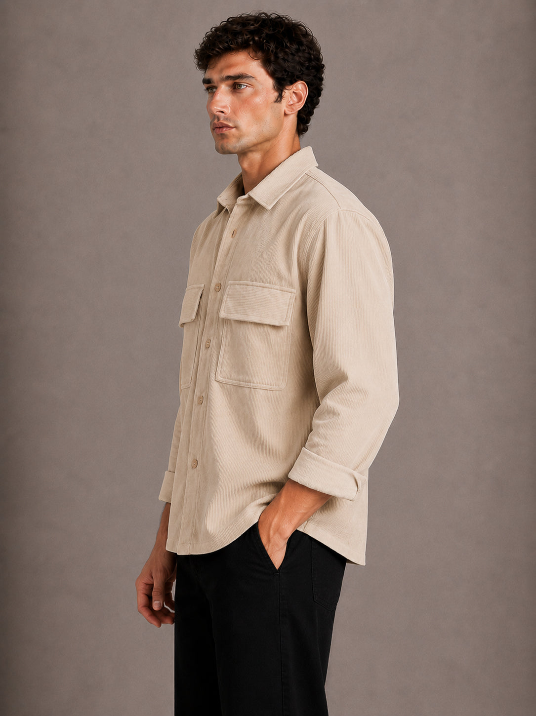 Beige Utility Relaxed Fit Corduroy Shirt for Men