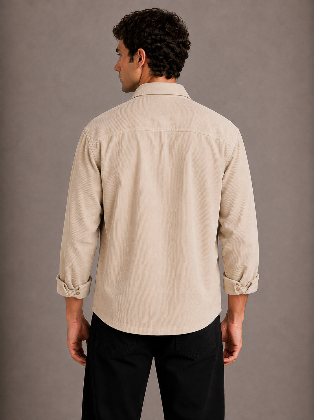 Beige Utility Relaxed Fit Corduroy Shirt for Men