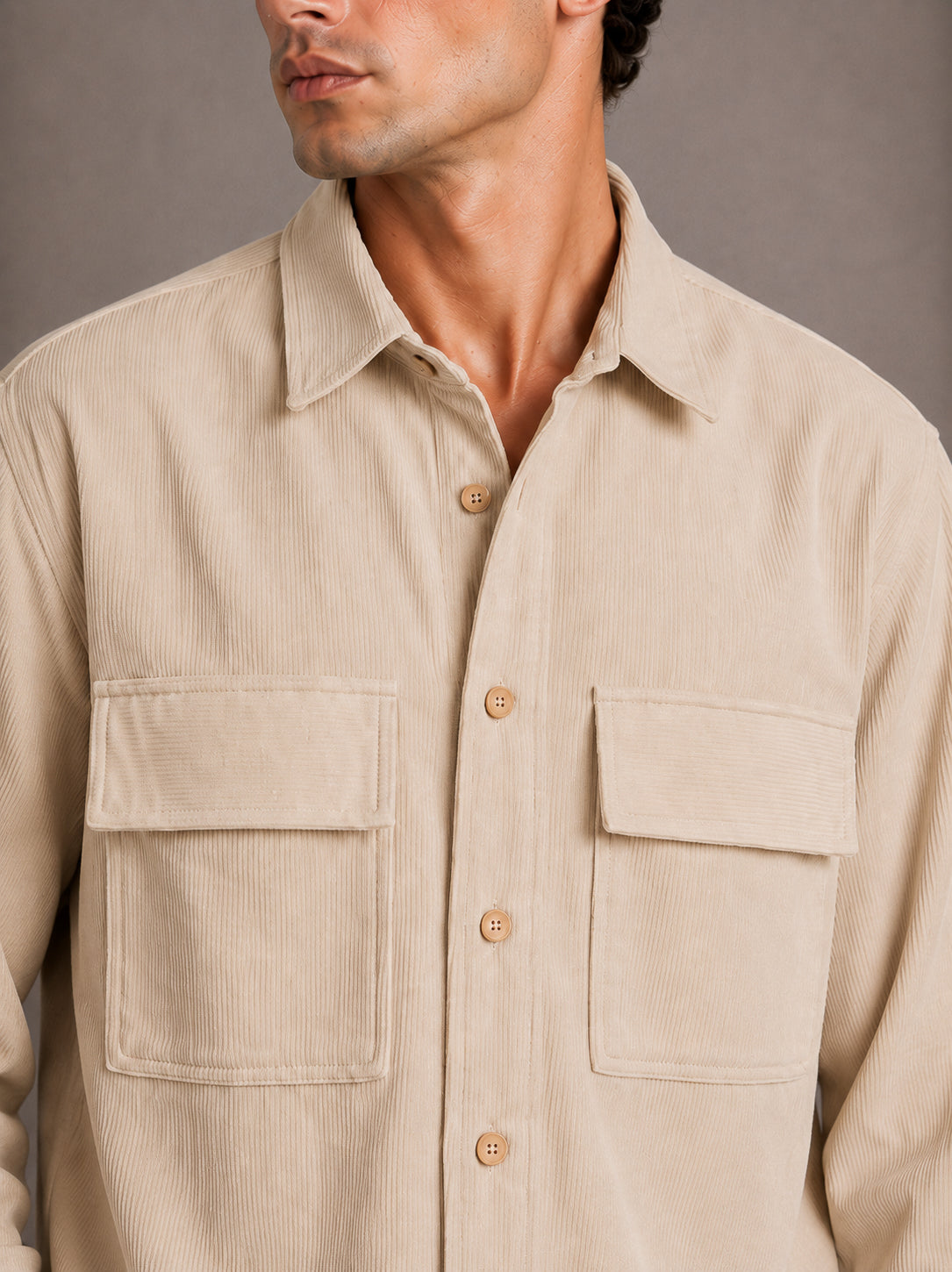 Beige Utility Relaxed Fit Corduroy Shirt for Men