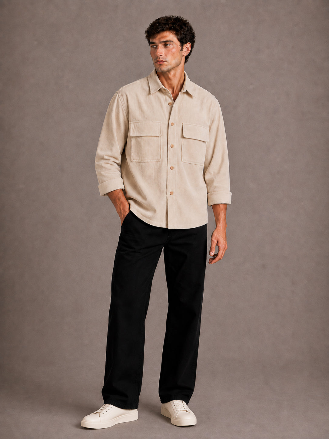 Beige Utility Relaxed Fit Corduroy Shirt for Men