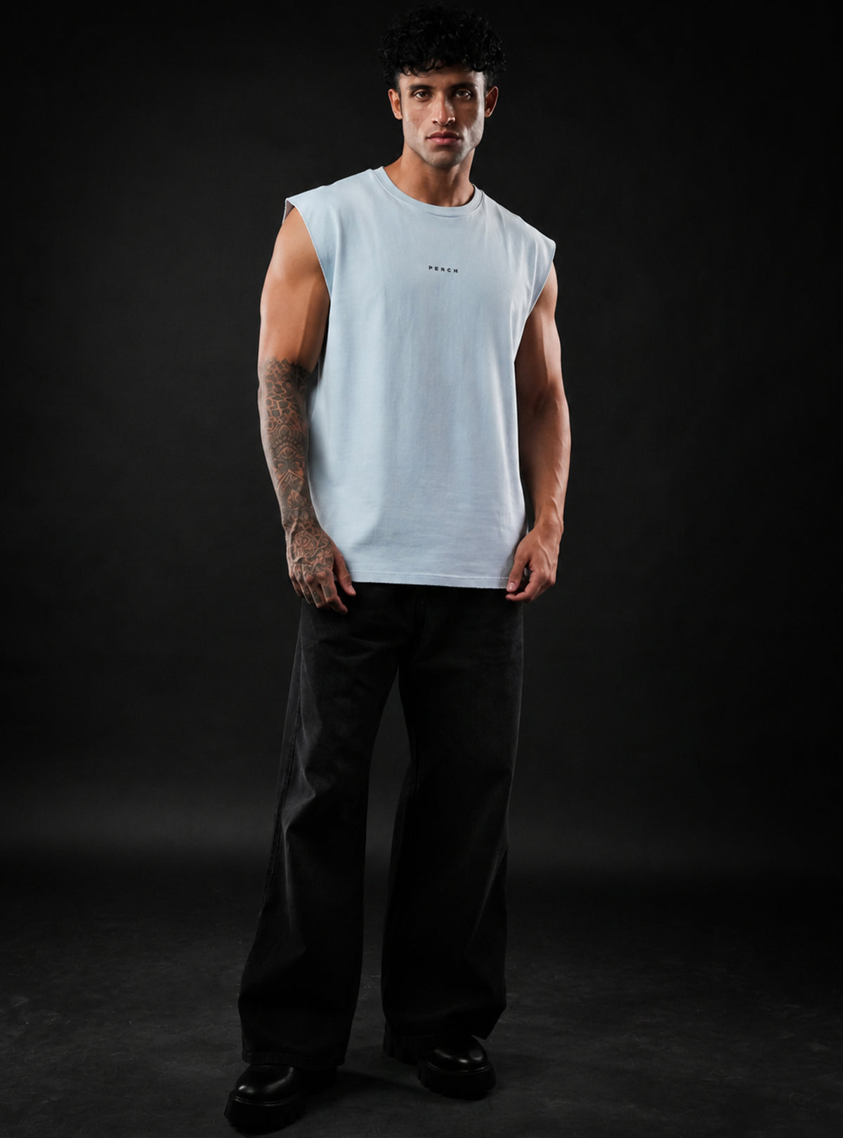 Sky Blue Oversized Sleeveless Cotton Solid Tank Tshirt for Men & Women