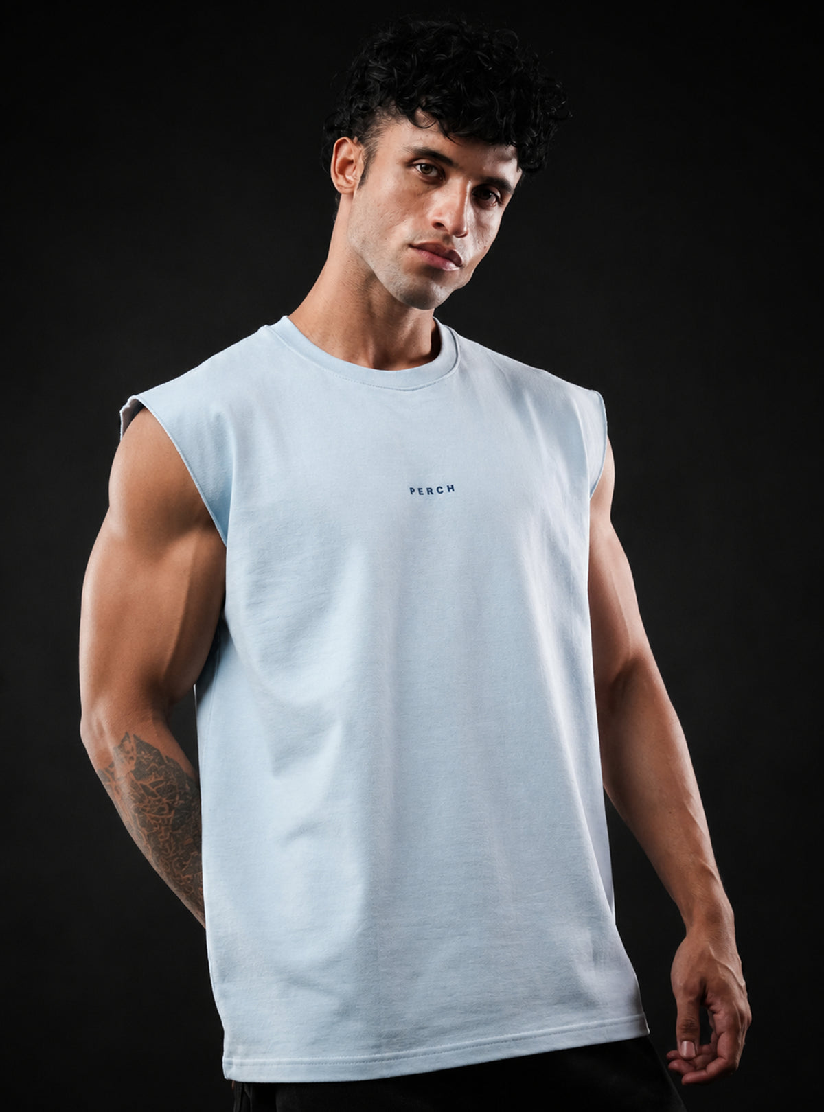 Sky Blue Oversized Sleeveless Cotton Solid Tank Tshirt for Men & Women