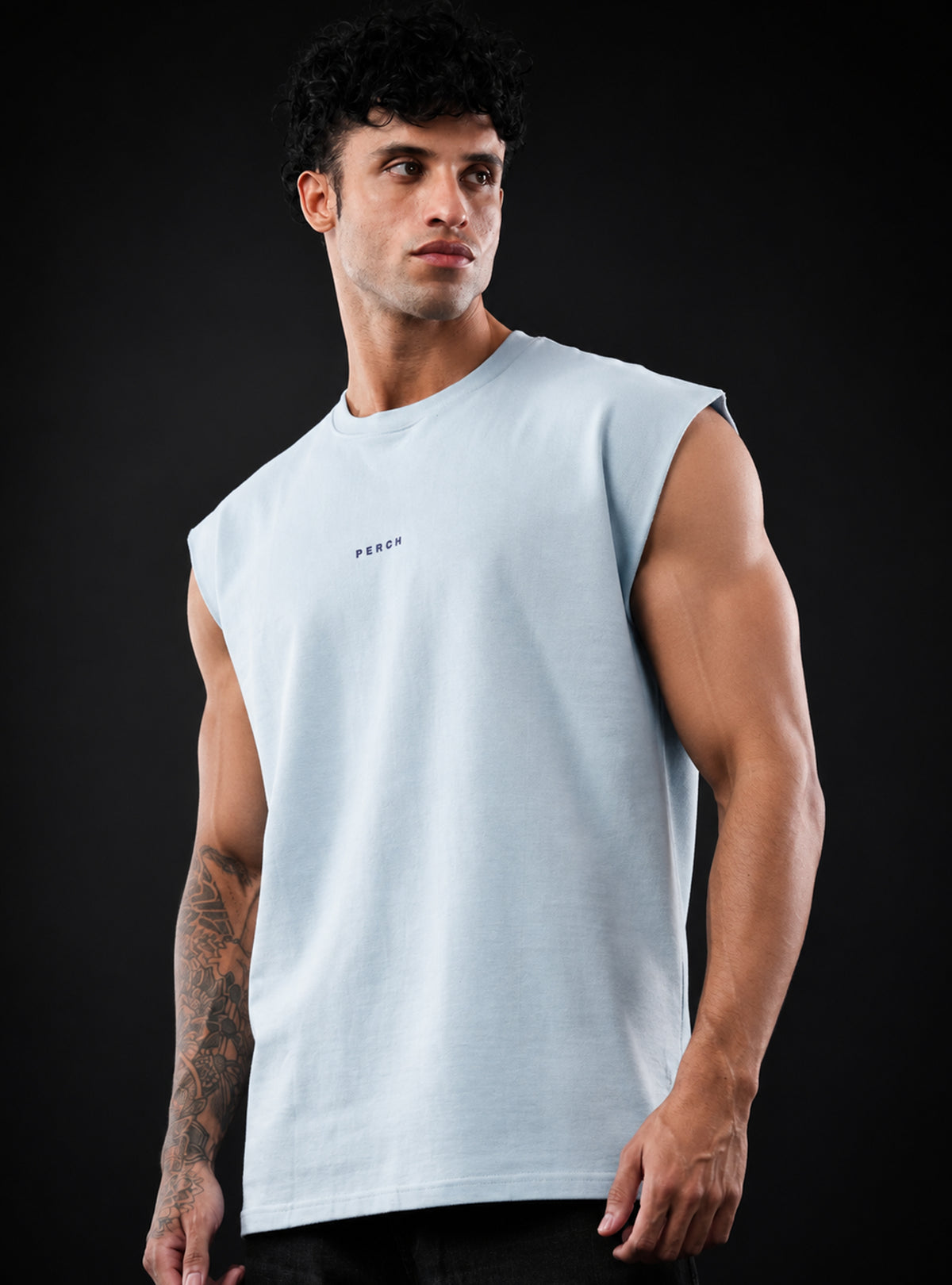 Sky Blue Oversized Sleeveless Cotton Solid Tank Tshirt for Men & Women