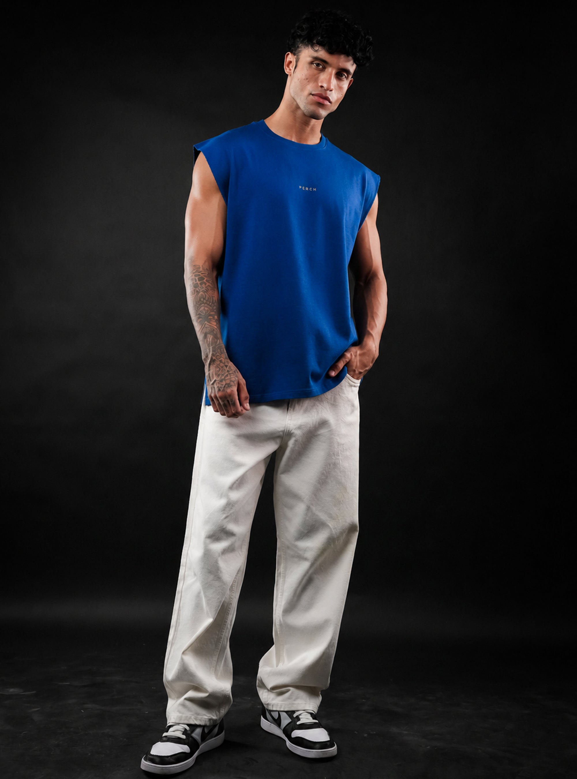 Royal Blue Oversized Sleeveless Cotton Solid Tank Tshirt for Men & Women