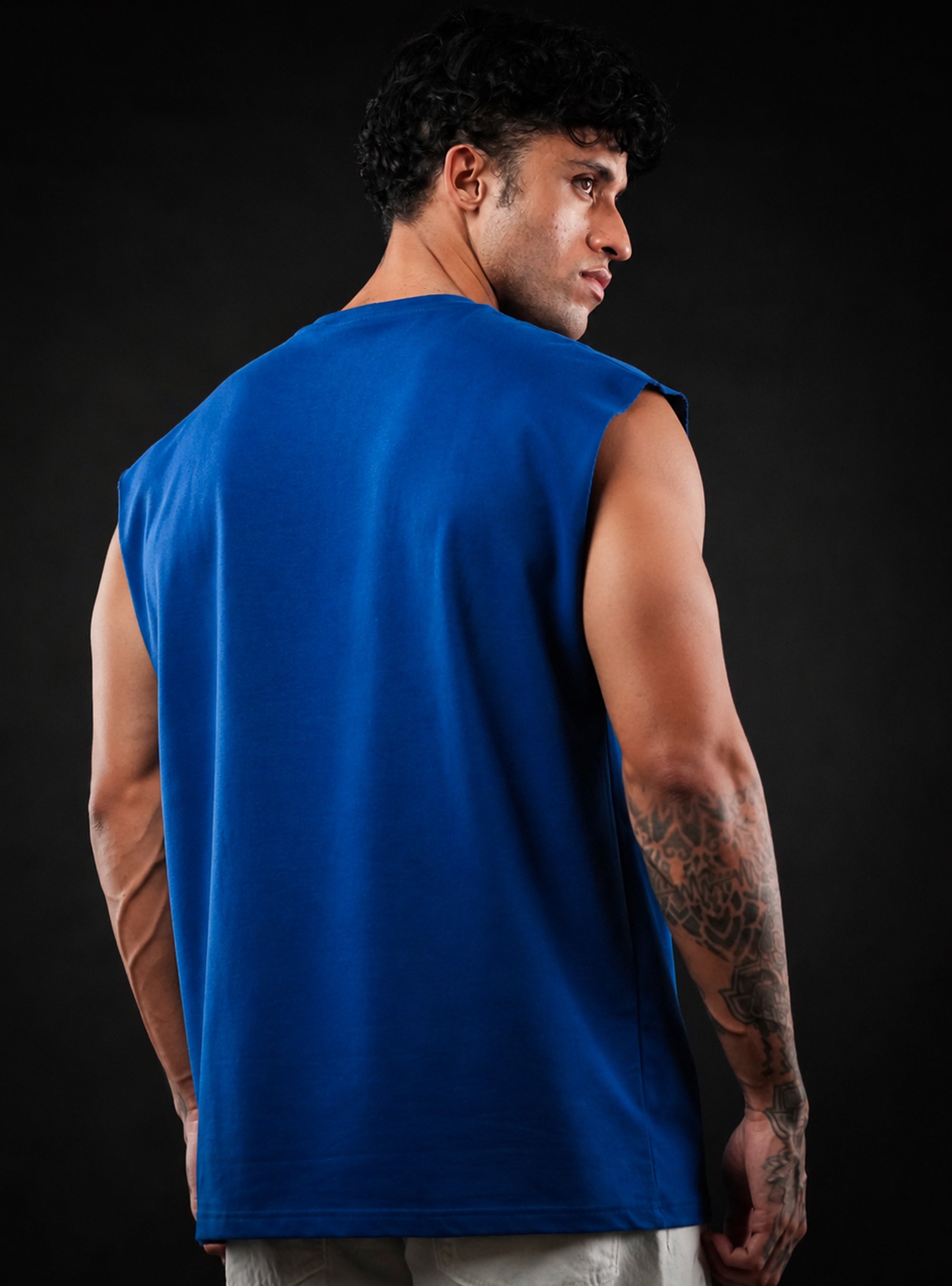 Royal Blue Oversized Sleeveless Cotton Solid Tank Tshirt for Men & Women