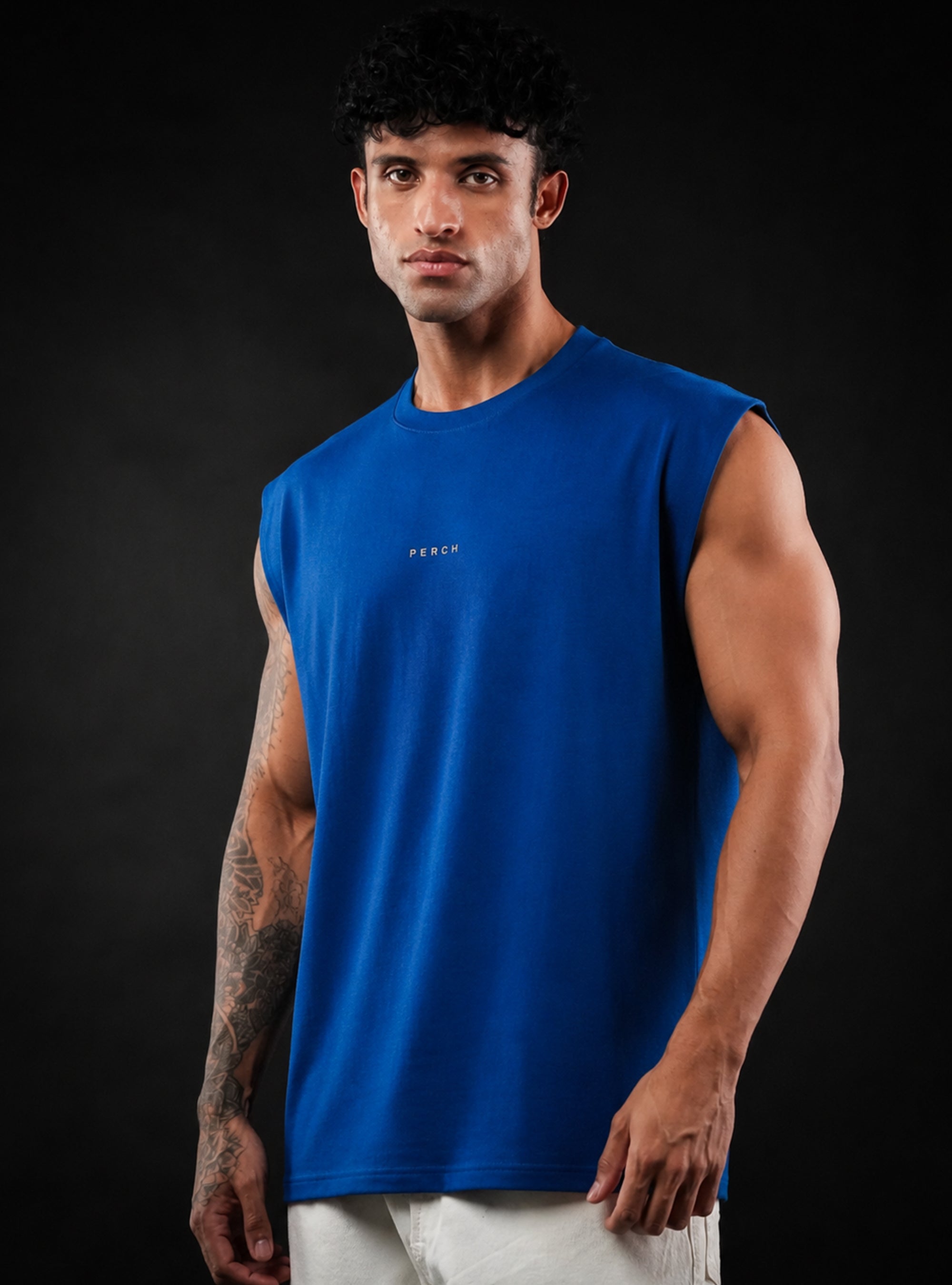 Royal Blue Oversized Sleeveless Cotton Solid Tank Tshirt for Men & Women
