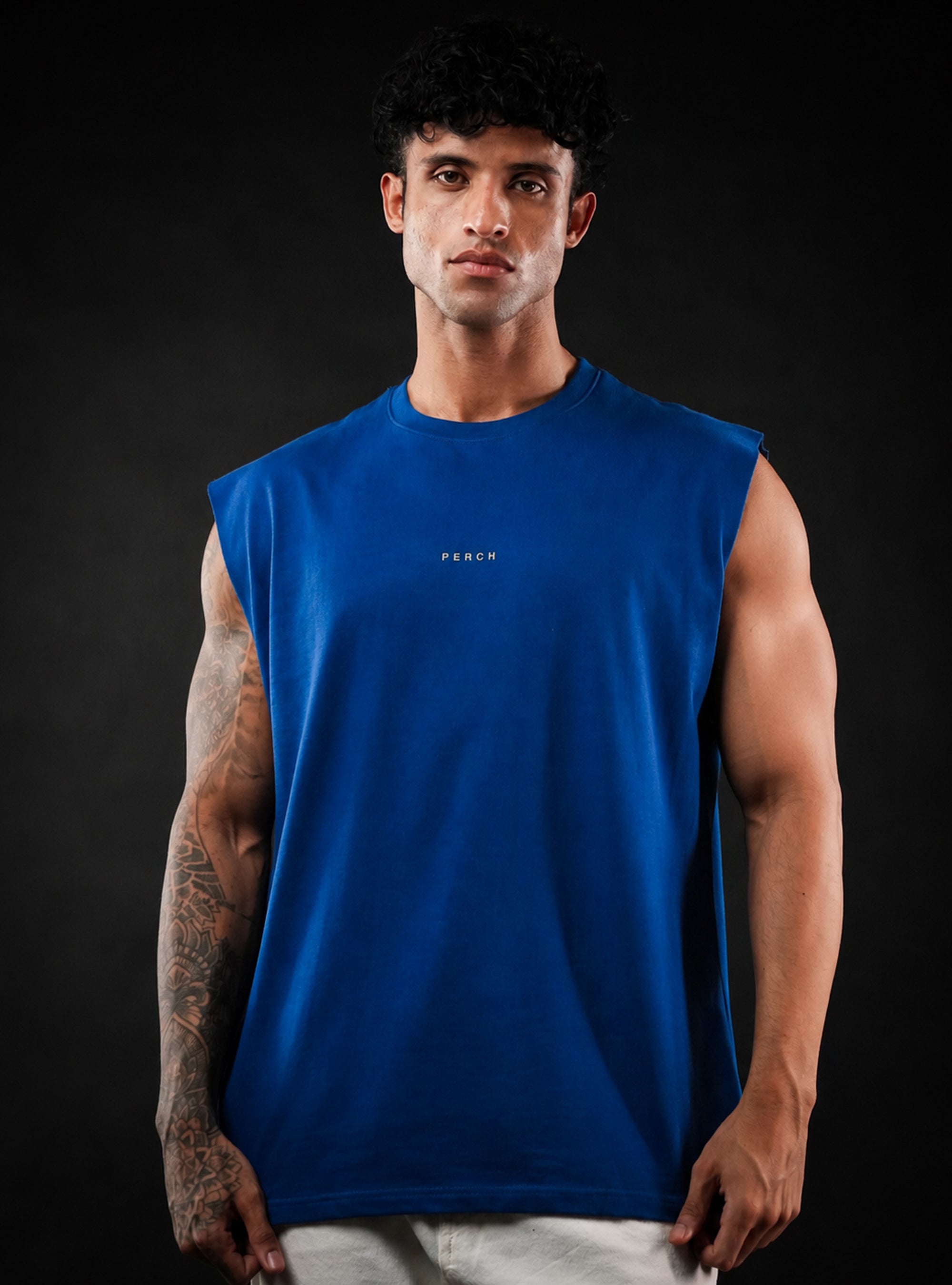 Royal Blue Oversized Sleeveless Cotton Solid Tank Tshirt for Men & Women