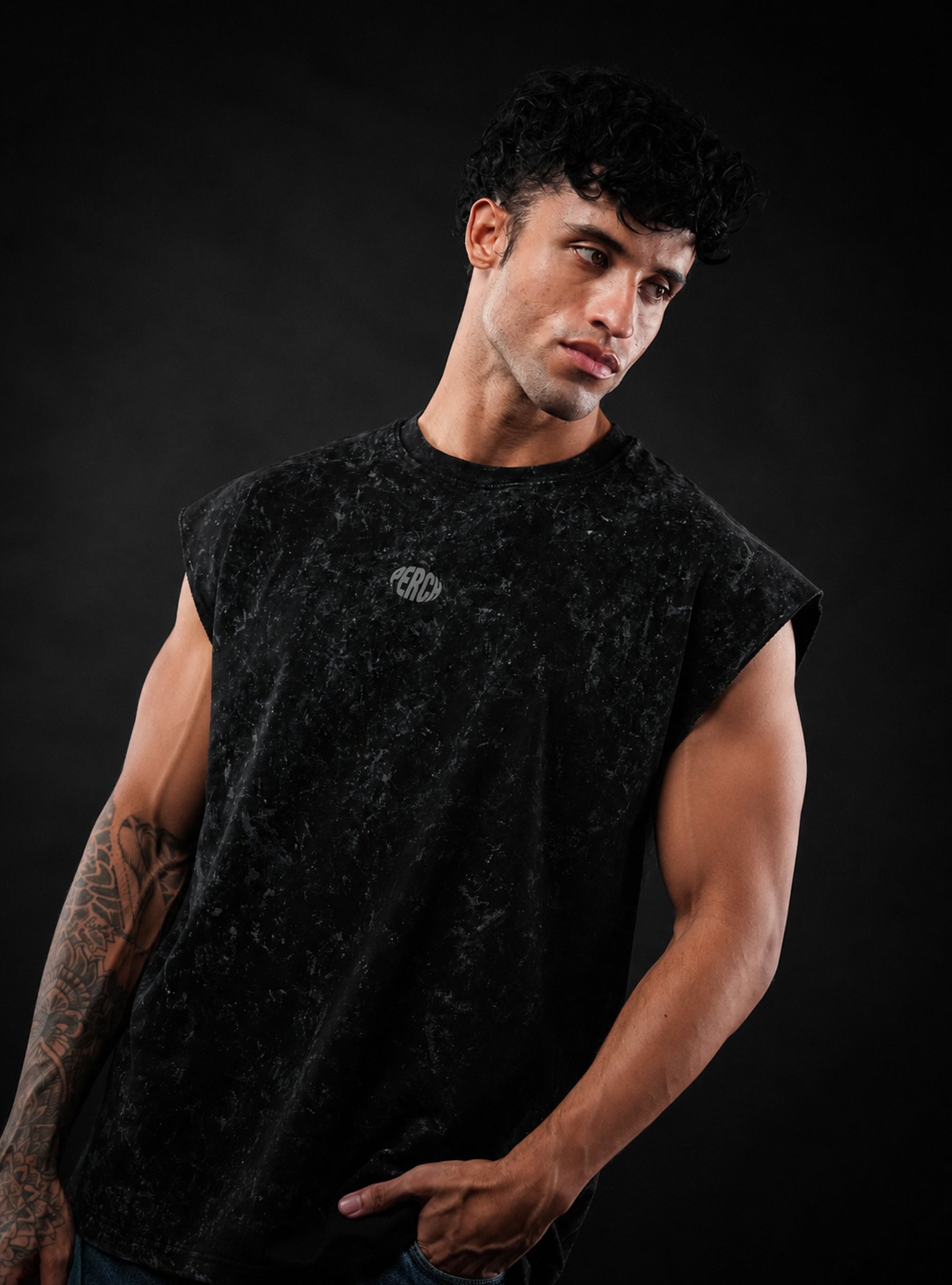 Black Oversized Sleeveless Cotton Acid Wash Tank Tshirt for Men & Women
