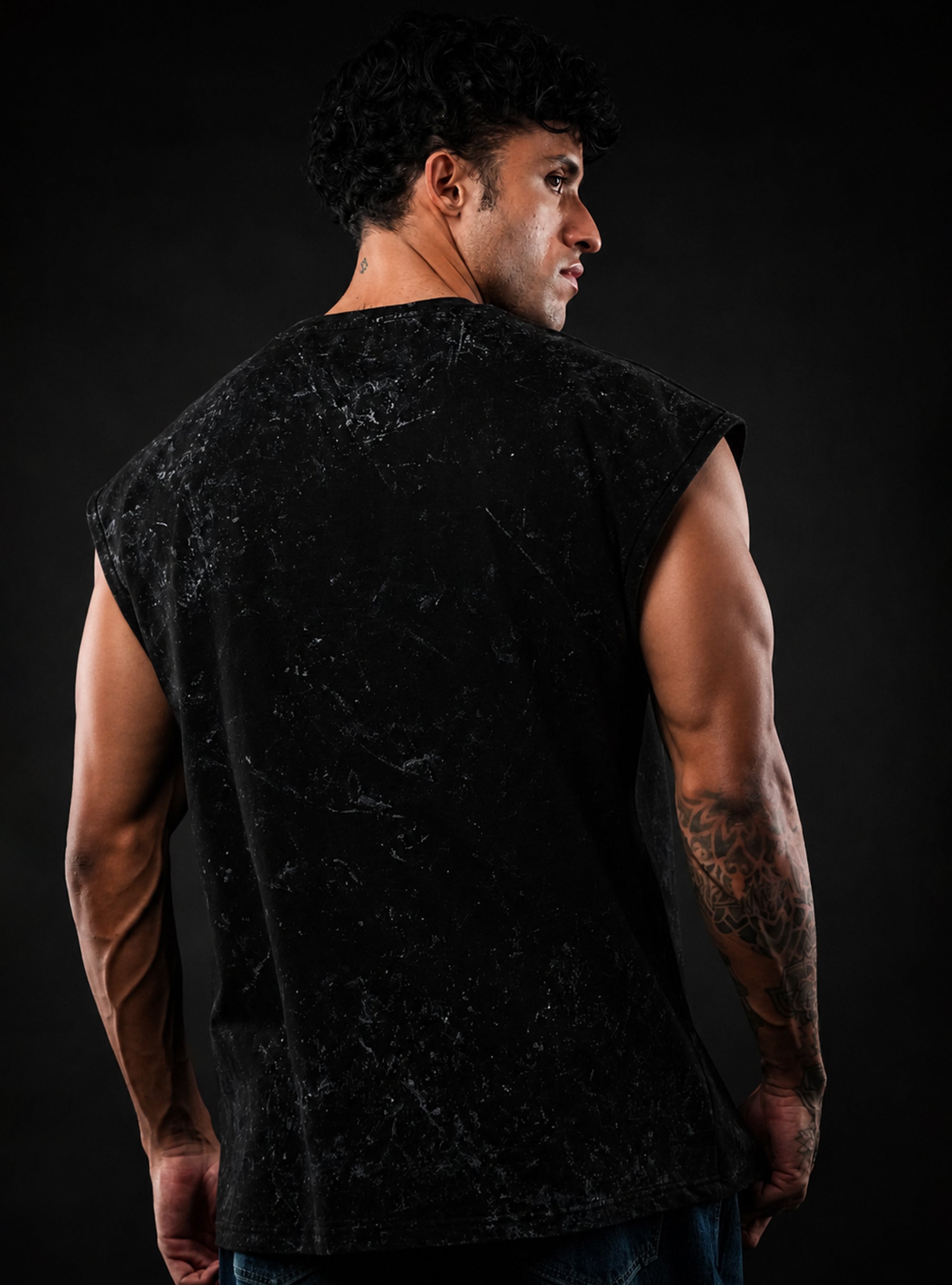 Black Oversized Sleeveless Cotton Acid Wash Tank Tshirt for Men & Women