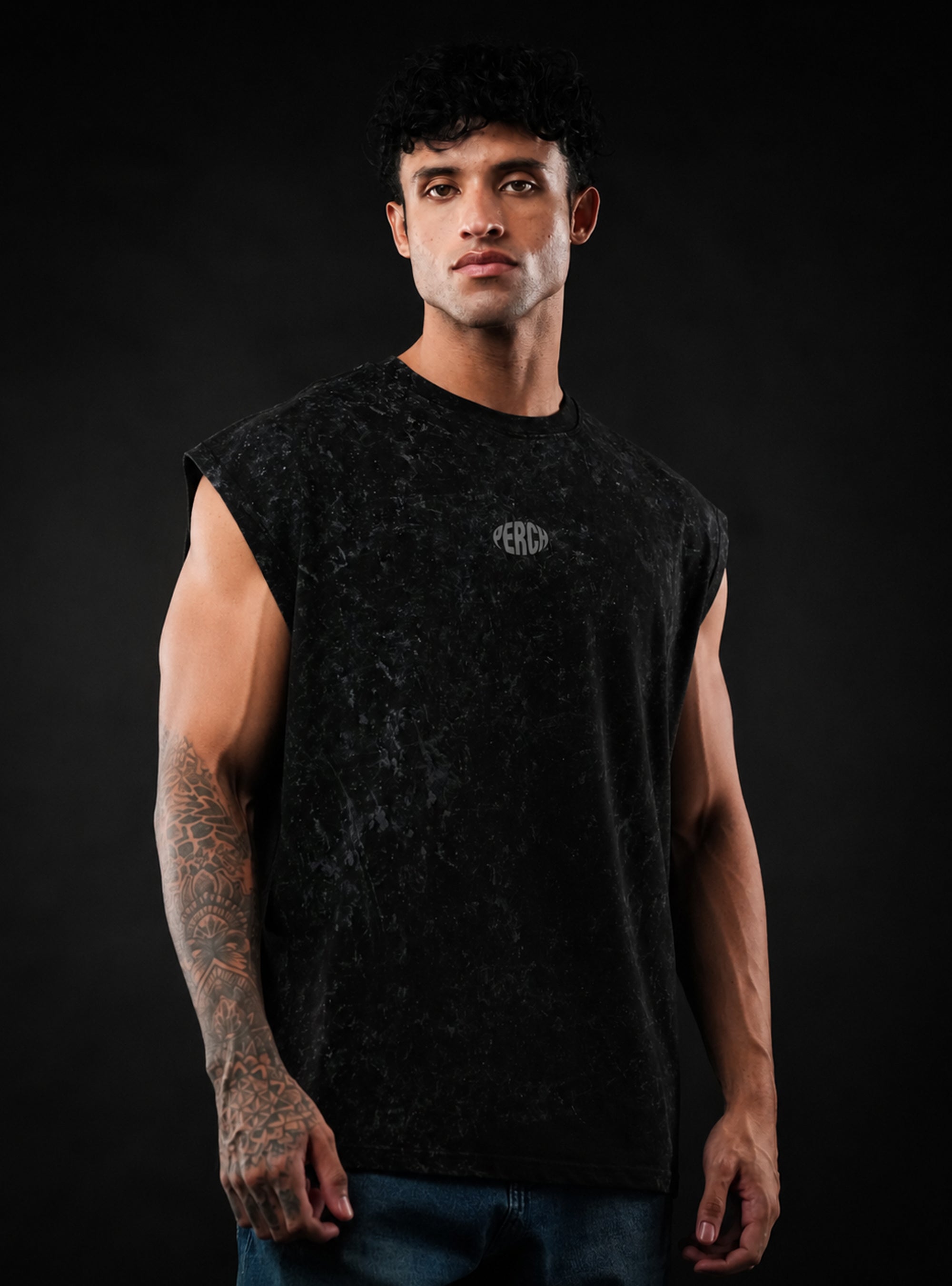 Black Oversized Sleeveless Cotton Acid Wash Tank Tshirt for Men & Women