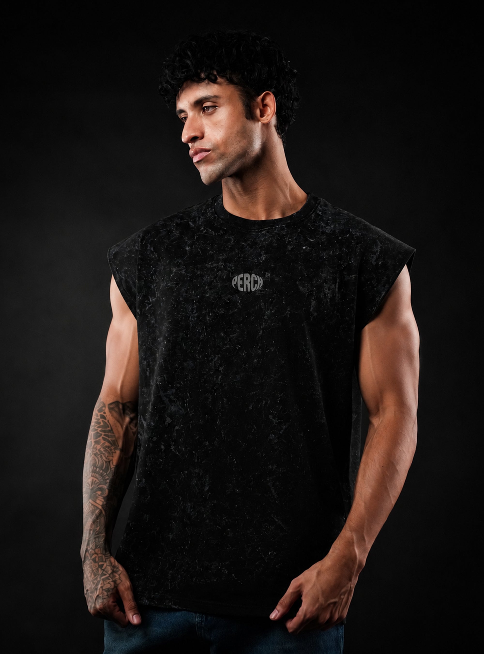 Black Oversized Sleeveless Cotton Acid Wash Tank Tshirt for Men & Women