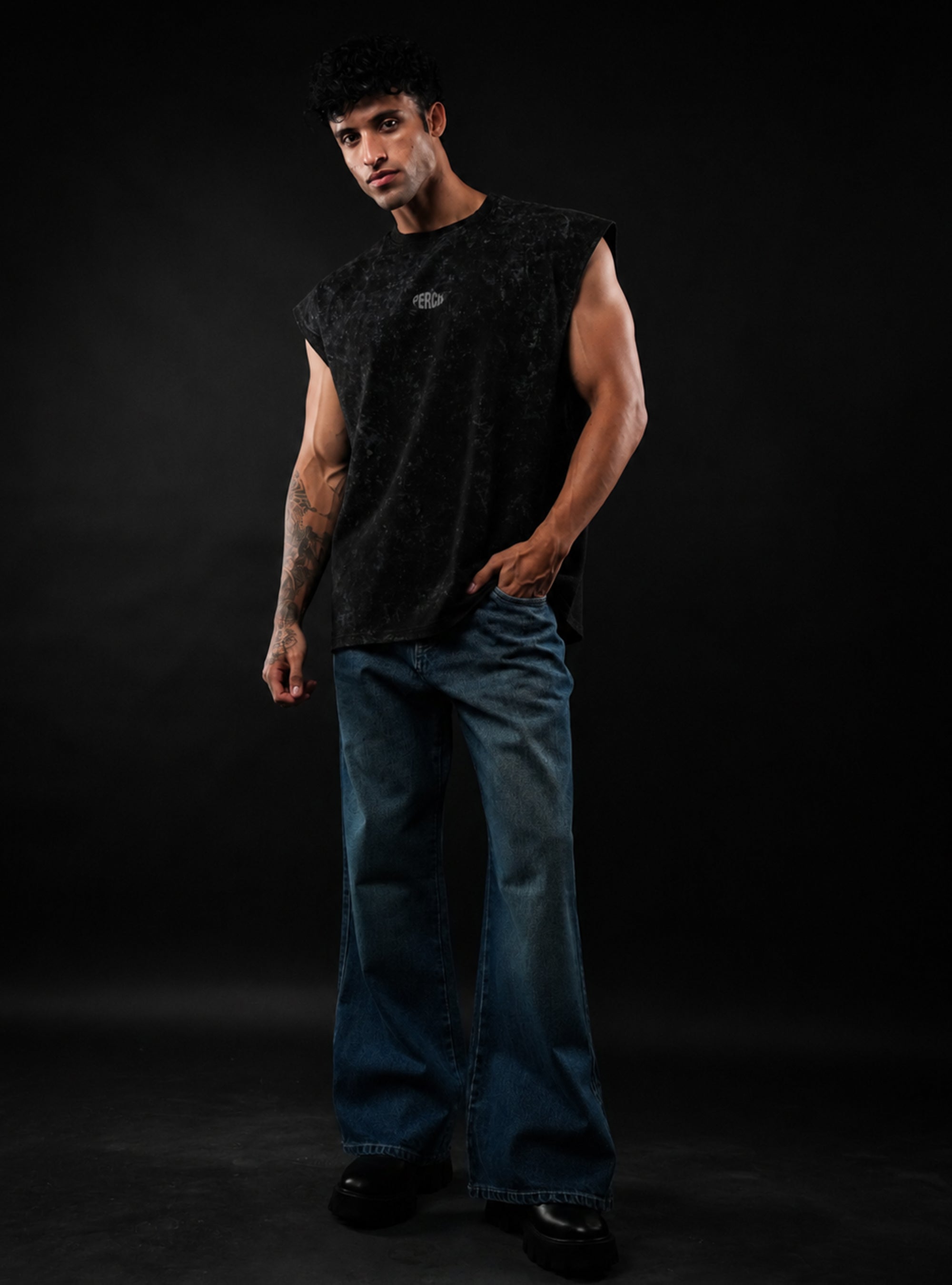 Black Oversized Sleeveless Cotton Acid Wash Tank Tshirt for Men & Women