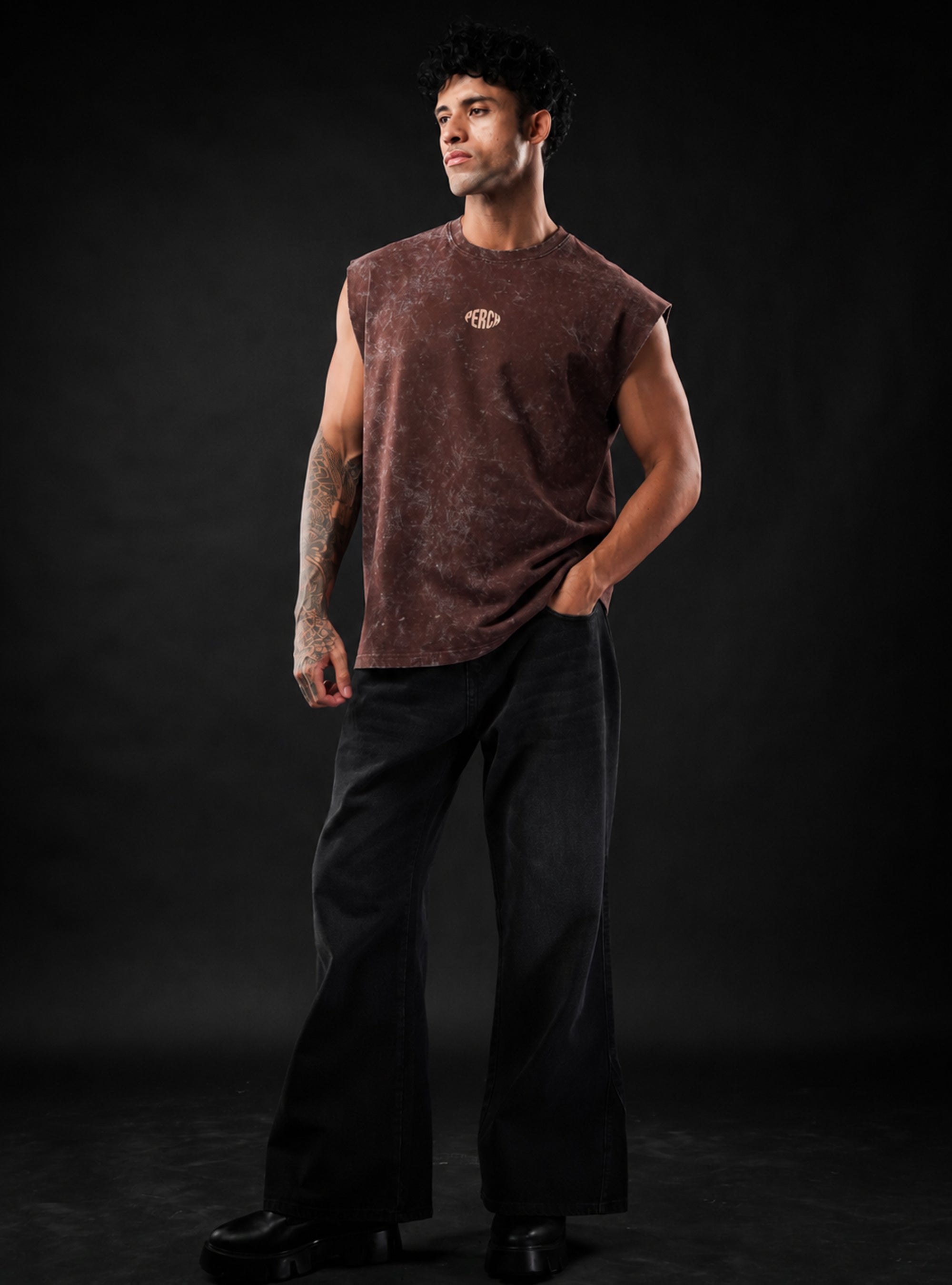 Brown Oversized Sleeveless Cotton Acid Wash Tank Tshirt for Men & Women