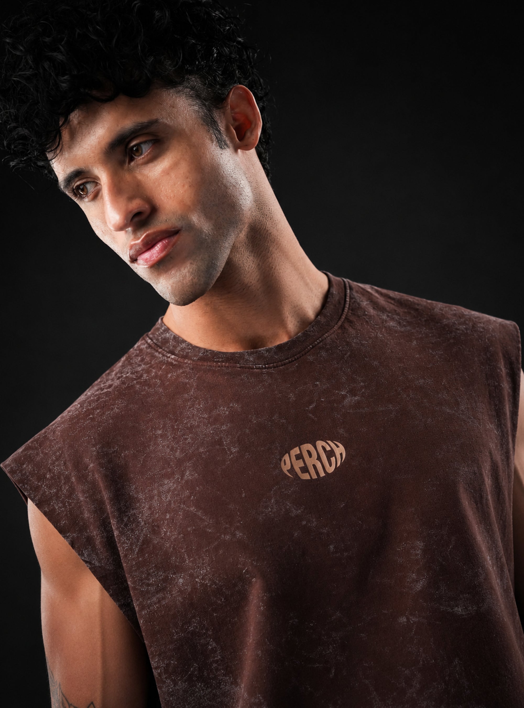 Brown Oversized Sleeveless Cotton Acid Wash Tank Tshirt for Men & Women