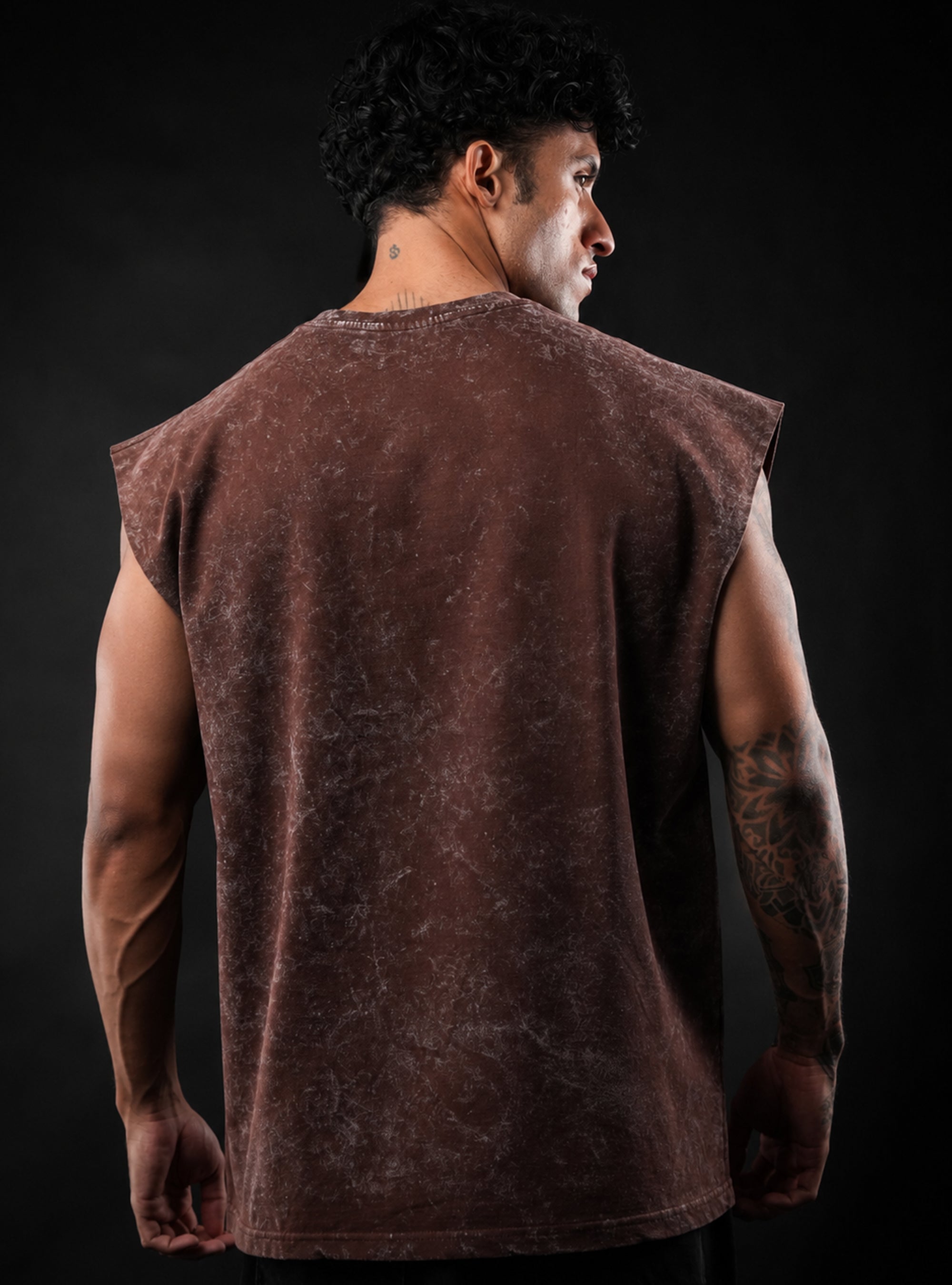Brown Oversized Sleeveless Cotton Acid Wash Tank Tshirt for Men & Women