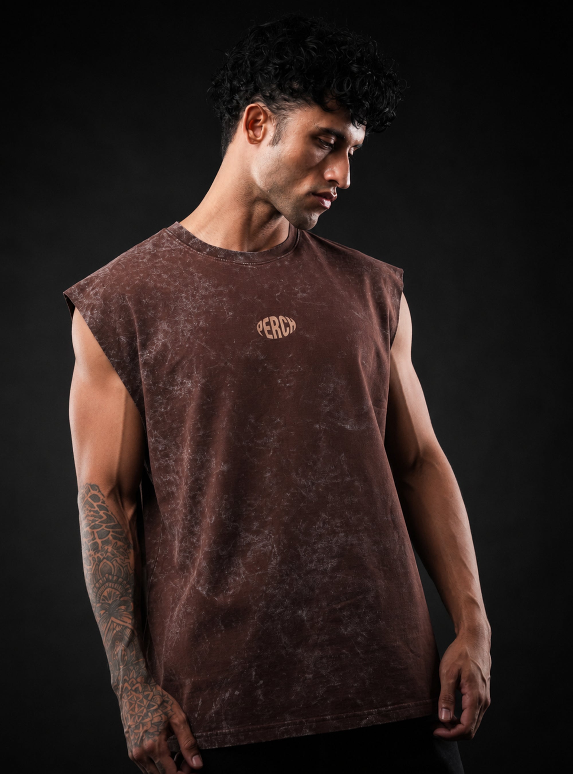 Brown Oversized Sleeveless Cotton Acid Wash Tank Tshirt for Men & Women