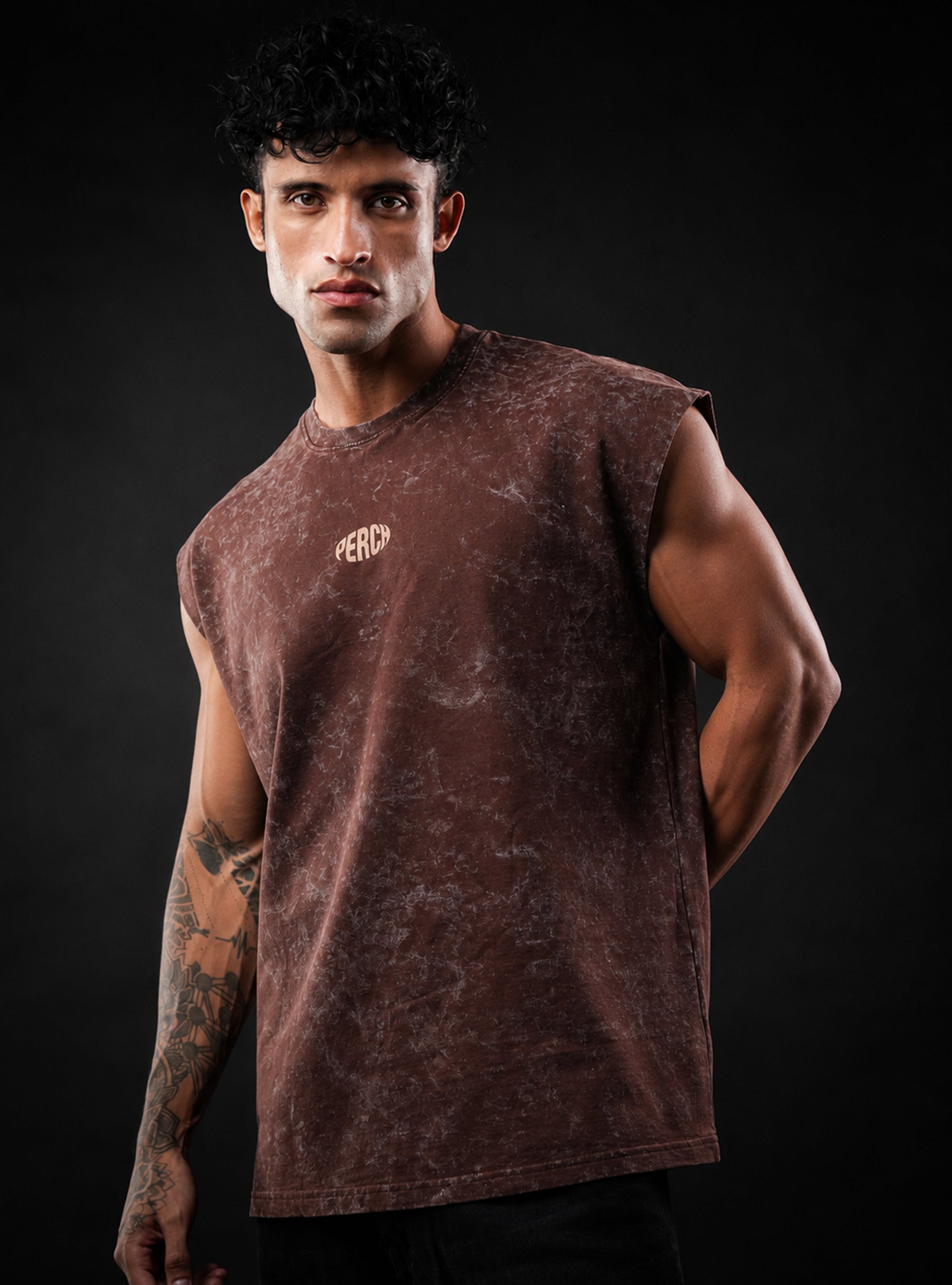 Brown Oversized Sleeveless Cotton Acid Wash Tank Tshirt for Men & Women
