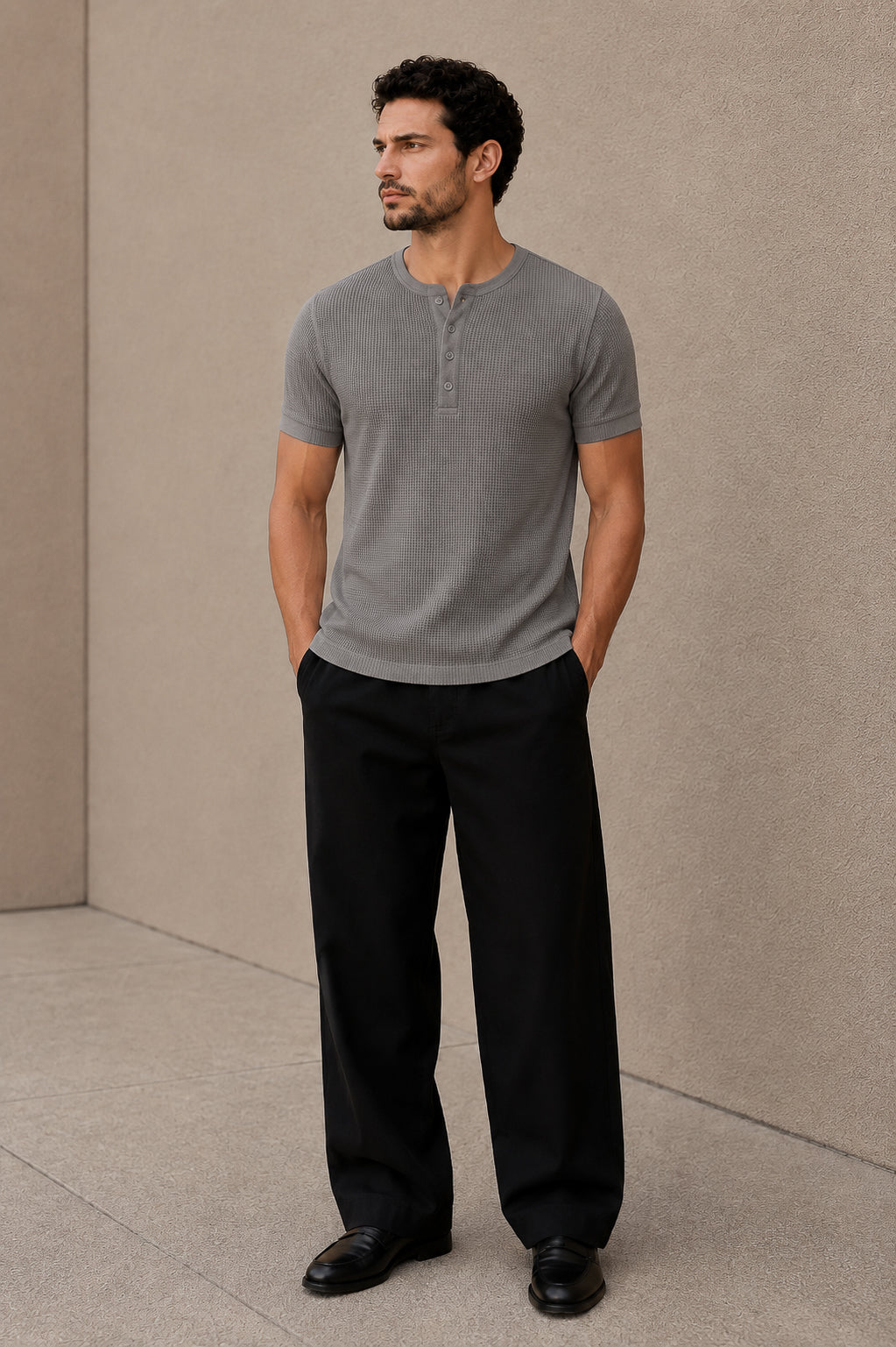 Grey Waffle Knit Half Sleeve Henley Tshirt For Men