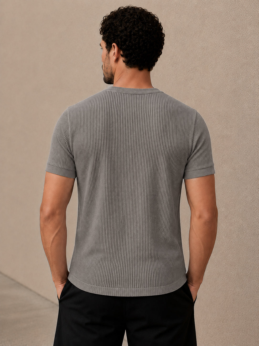 Grey Waffle Knit Half Sleeve Henley Tshirt For Men