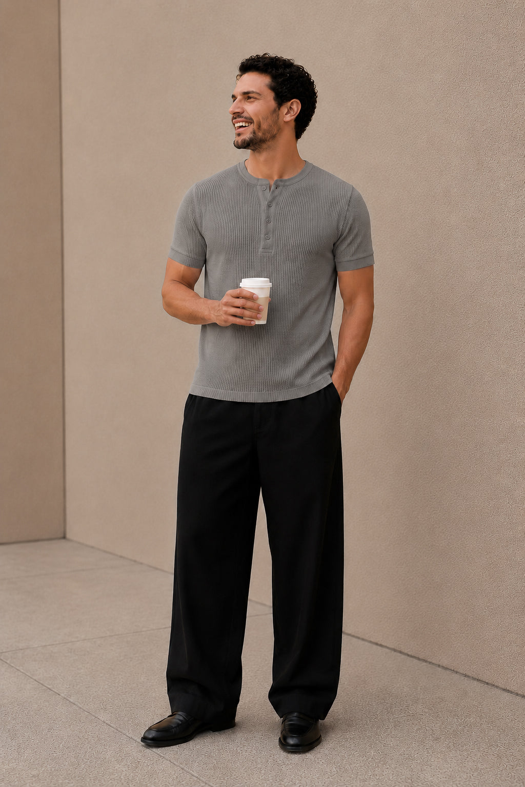 Grey Waffle Knit Half Sleeve Henley Tshirt For Men