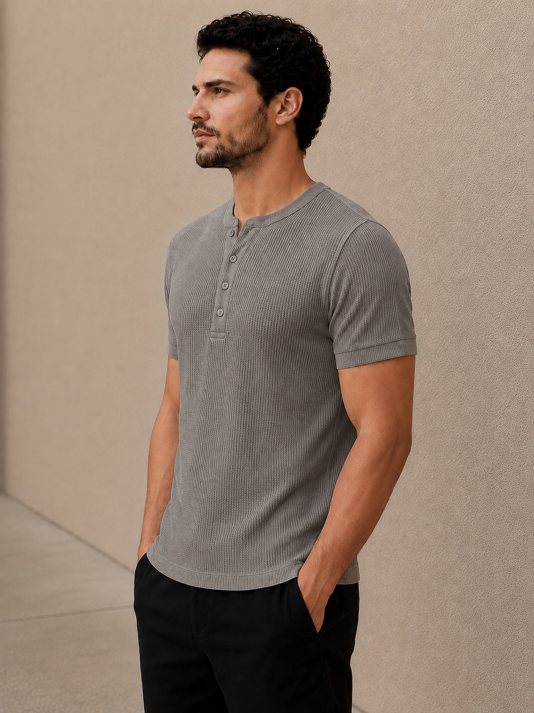 Grey Waffle Knit Half Sleeve Henley Tshirt For Men