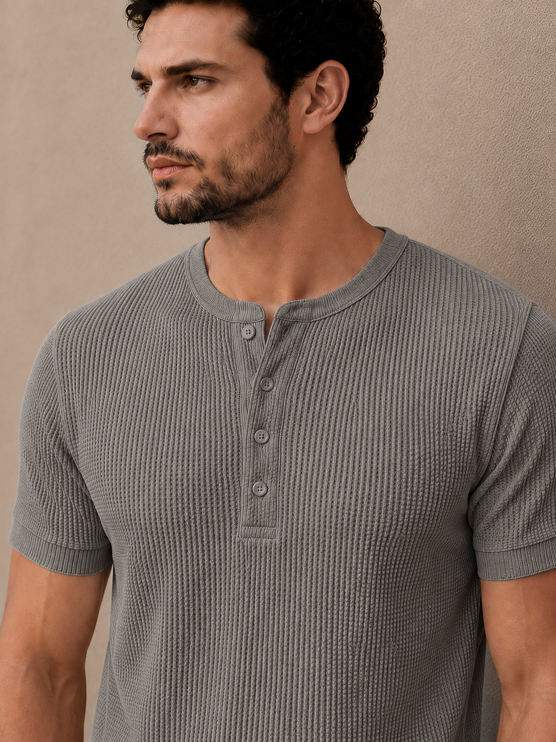 Grey Waffle Knit Half Sleeve Henley Tshirt For Men