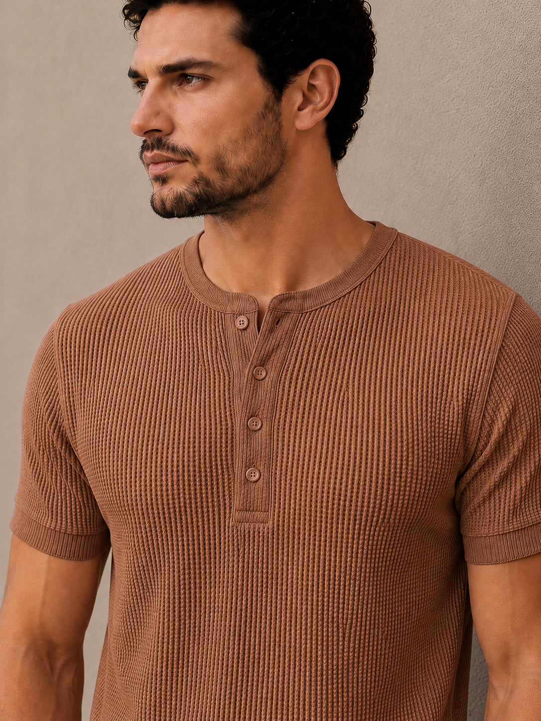 Brown Waffle Knit Half Sleeve Henley Tshirt For Men