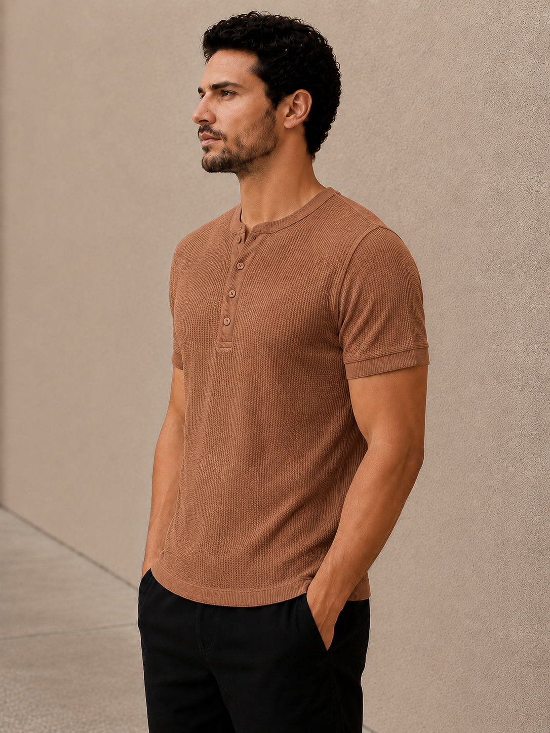 Brown Waffle Knit Half Sleeve Henley Tshirt For Men
