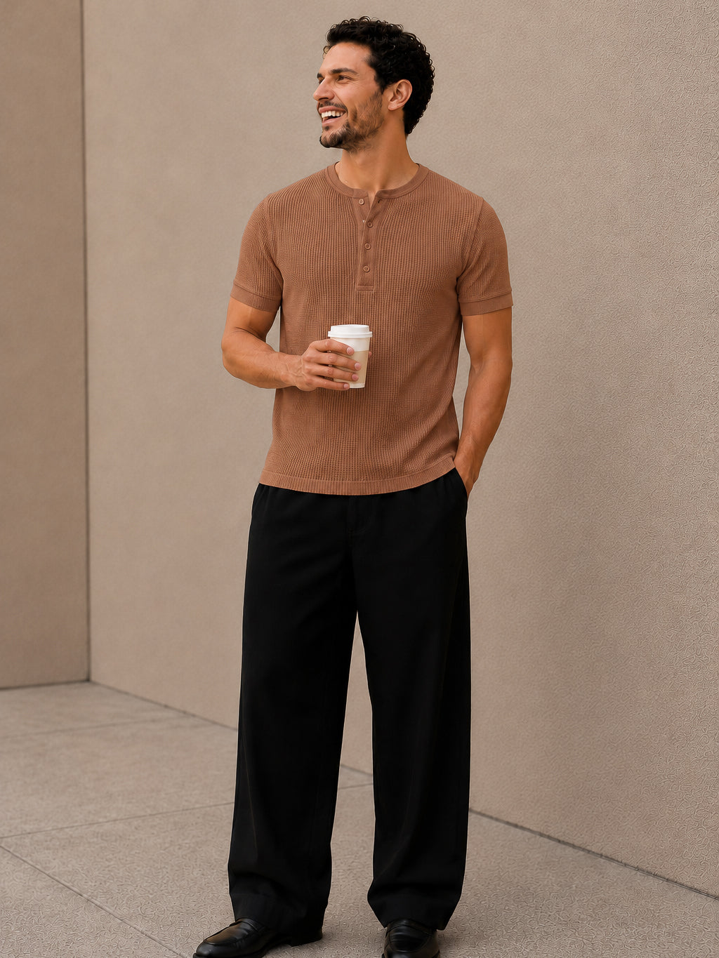 Brown Waffle Knit Half Sleeve Henley Tshirt For Men