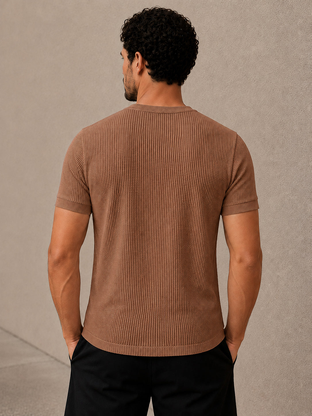 Brown Waffle Knit Half Sleeve Henley Tshirt For Men